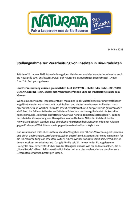 Stellungenahme Verarbeitung Insekten Bio Lebensmittel